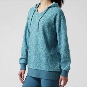 Athleta‎ Sundown Alliance Hoodie Size Large Teal Blue Floral Print Pullover